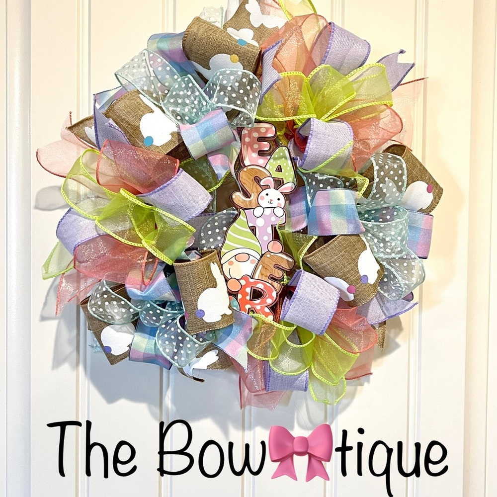 13” Ribbon Wreath "EASTER" Gnome & Colorful Tailed Bunny Handmade MW9